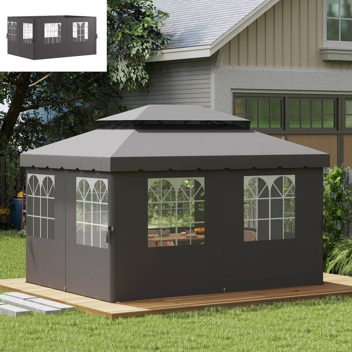 Gazebo Side Panels, 4 Dark Grey Polyester Walls, 3x4m
