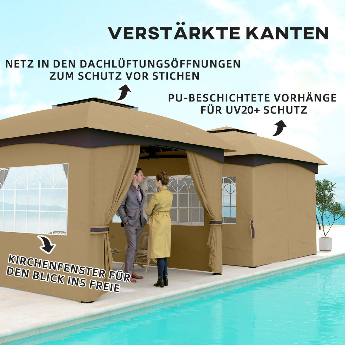 Gazebo approx. 3.4x3.4 m water-repellent garden pavilion with 4 side panels, double roof, party tent with UV protection garden tent with galvanized metal frame, for garden beige