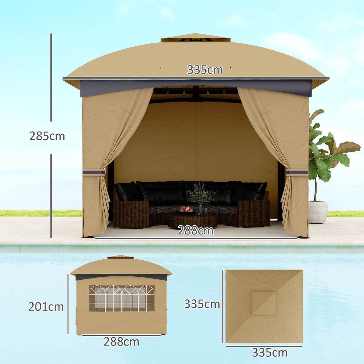 Gazebo approx. 3.4x3.4 m water-repellent garden pavilion with 4 side panels, double roof, party tent with UV protection garden tent with galvanized metal frame, for garden beige