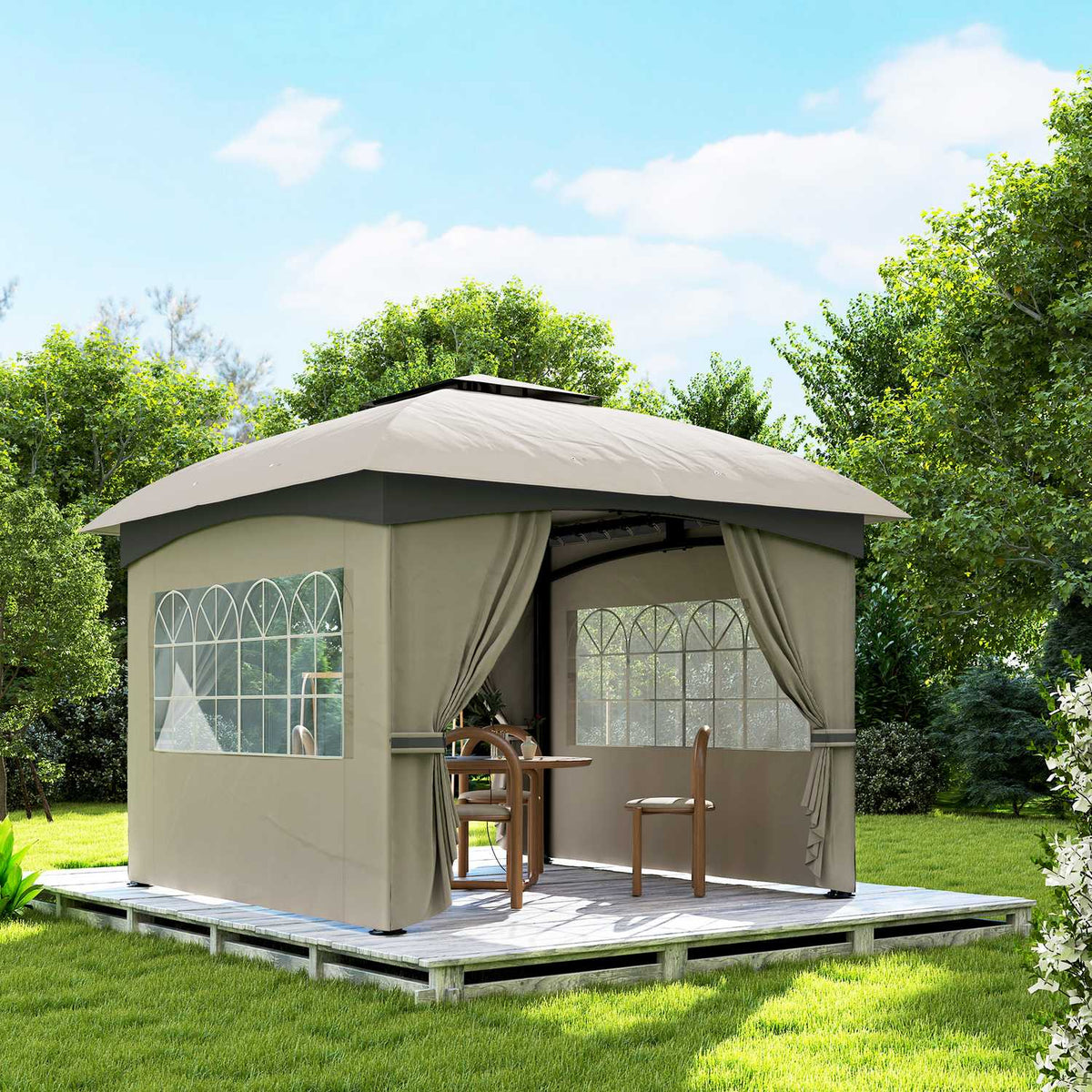 Gazebo approx. 3.4x3.4 m water-repellent garden pavilion with 4 side panels, double roof, party tent with UV protection garden tent with galvanized metal frame, for garden light gray