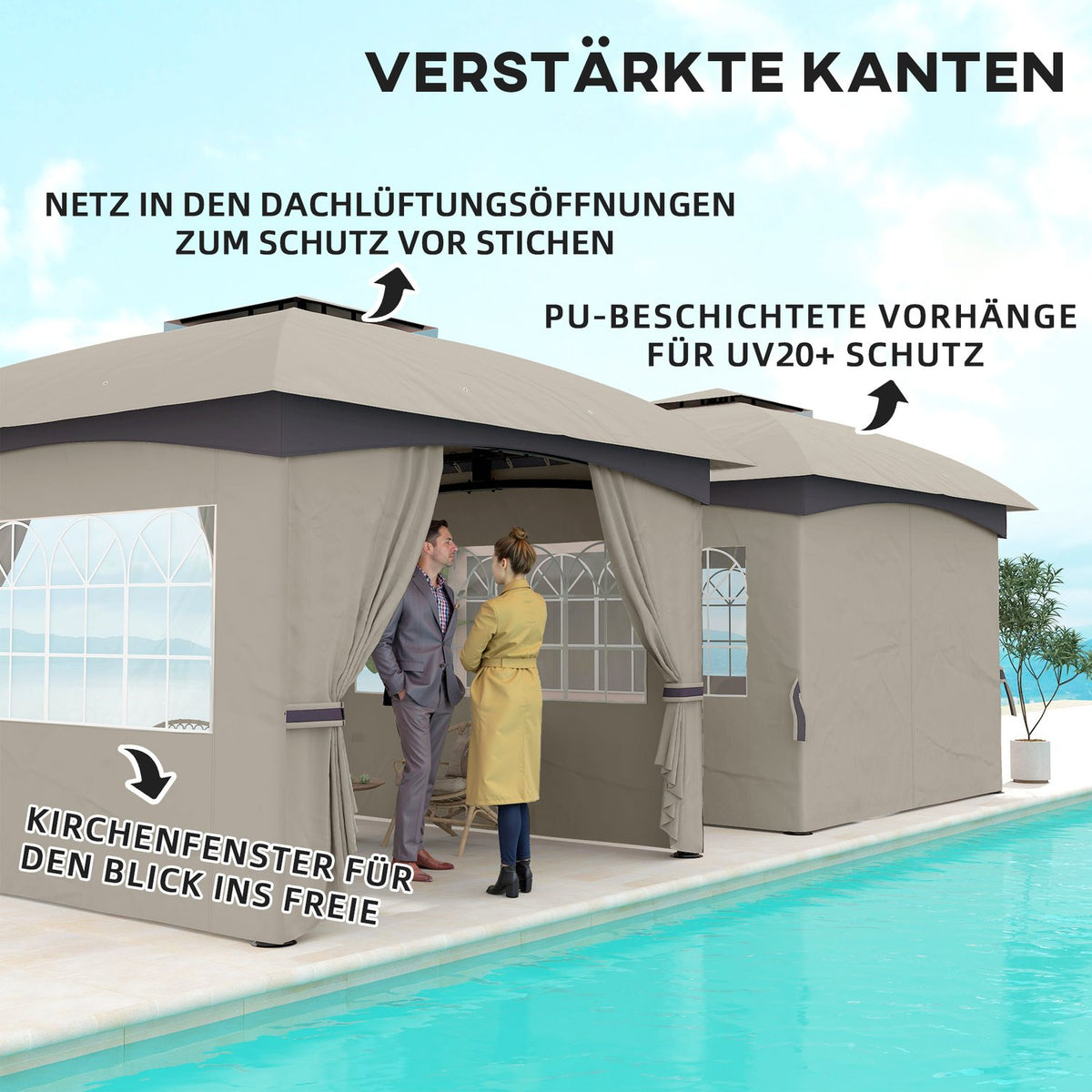 Gazebo approx. 3.4x3.4 m water-repellent garden pavilion with 4 side panels, double roof, party tent with UV protection garden tent with galvanized metal frame, for garden light gray