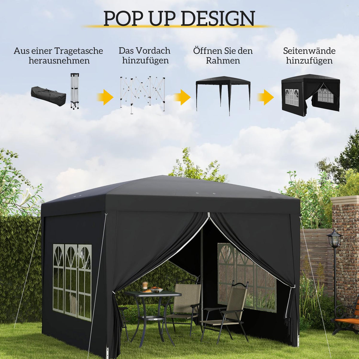 Gazebo approx. 3x3m, water-repellent, stable, winter-proof pop-up folding gazebo, UV protection 50+, foldable party tent, garden tent with 4 side panels, pocket garden gazebo for camping, garden, black