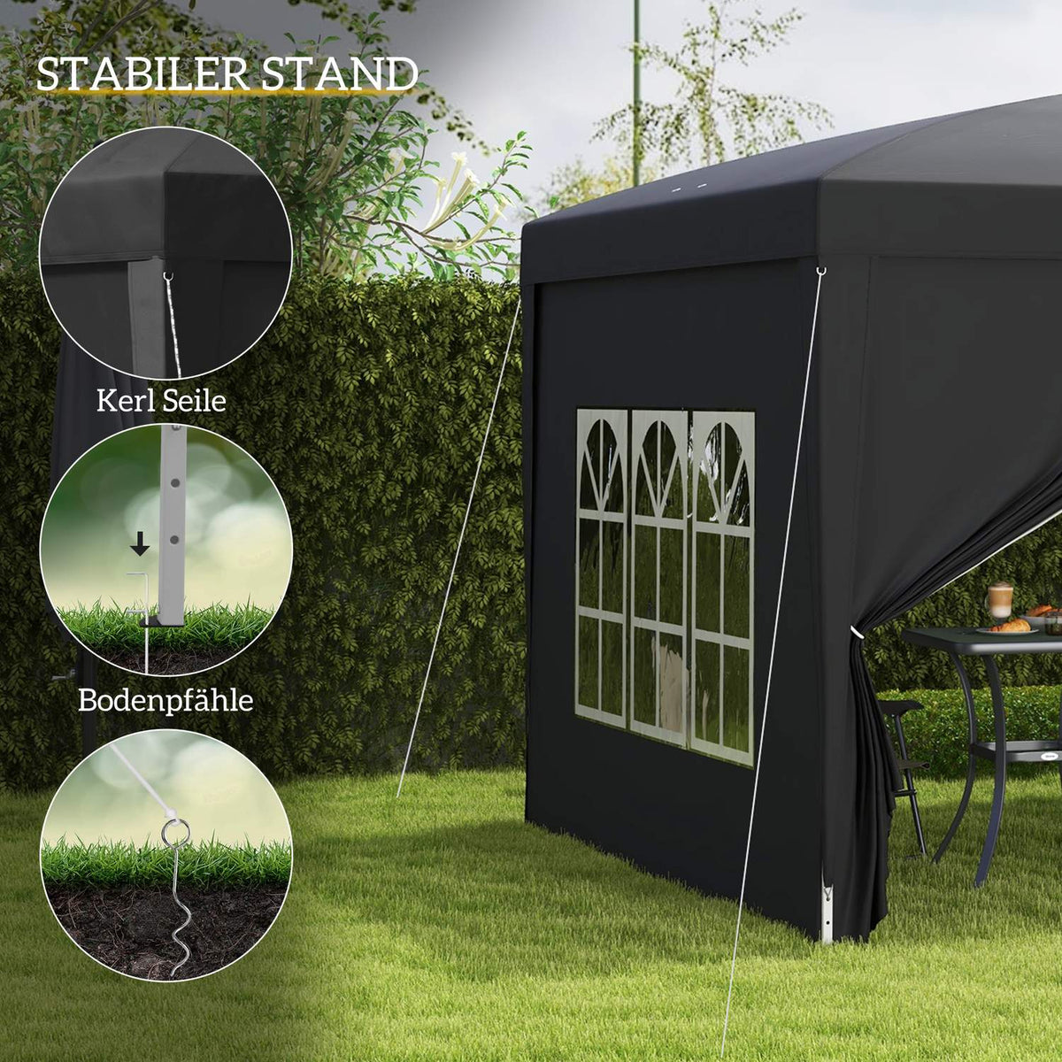 Gazebo approx. 3x3m, water-repellent, stable, winter-proof pop-up folding gazebo, UV protection 50+, foldable party tent, garden tent with 4 side panels, pocket garden gazebo for camping, garden, black