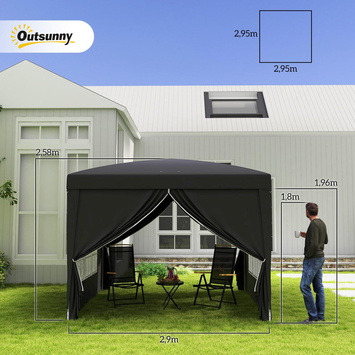 Gazebo approx. 3x3m, water-repellent, stable, winter-proof pop-up folding gazebo, UV protection 50+, foldable party tent, garden tent with 4 side panels, pocket garden gazebo for camping, garden, black