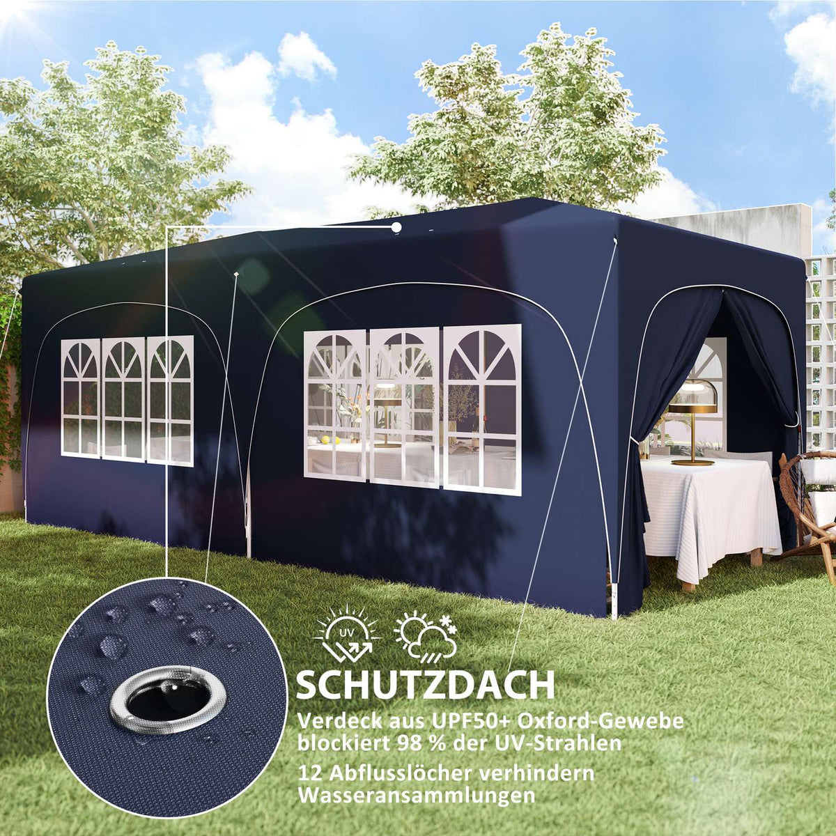 Gazebo approx. 3x6m, water-repellent, stable, winter-proof pop-up folding gazebo, UV protection 50+, foldable party tent, garden tent with 6 side panels, pocket garden gazebo for camping, garden, dark blue