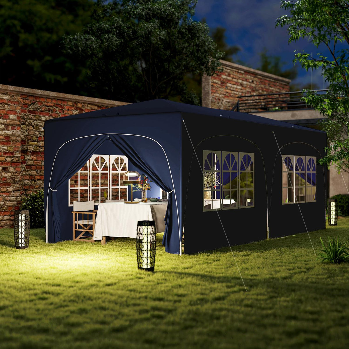 Gazebo approx. 3x6m, water-repellent, stable, winter-proof pop-up folding gazebo, UV protection 50+, foldable party tent, garden tent with 6 side panels, pocket garden gazebo for camping, garden, dark blue