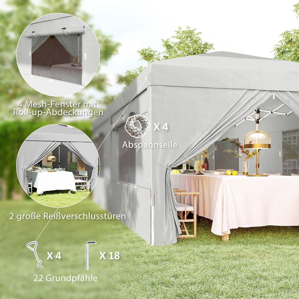 Gazebo approx. 3x6m, water-repellent, stable, winter-proof pop-up folding gazebo, UV protection 50+, foldable party tent, garden tent with 6 side panels, pocket garden gazebo for camping, garden, light gray