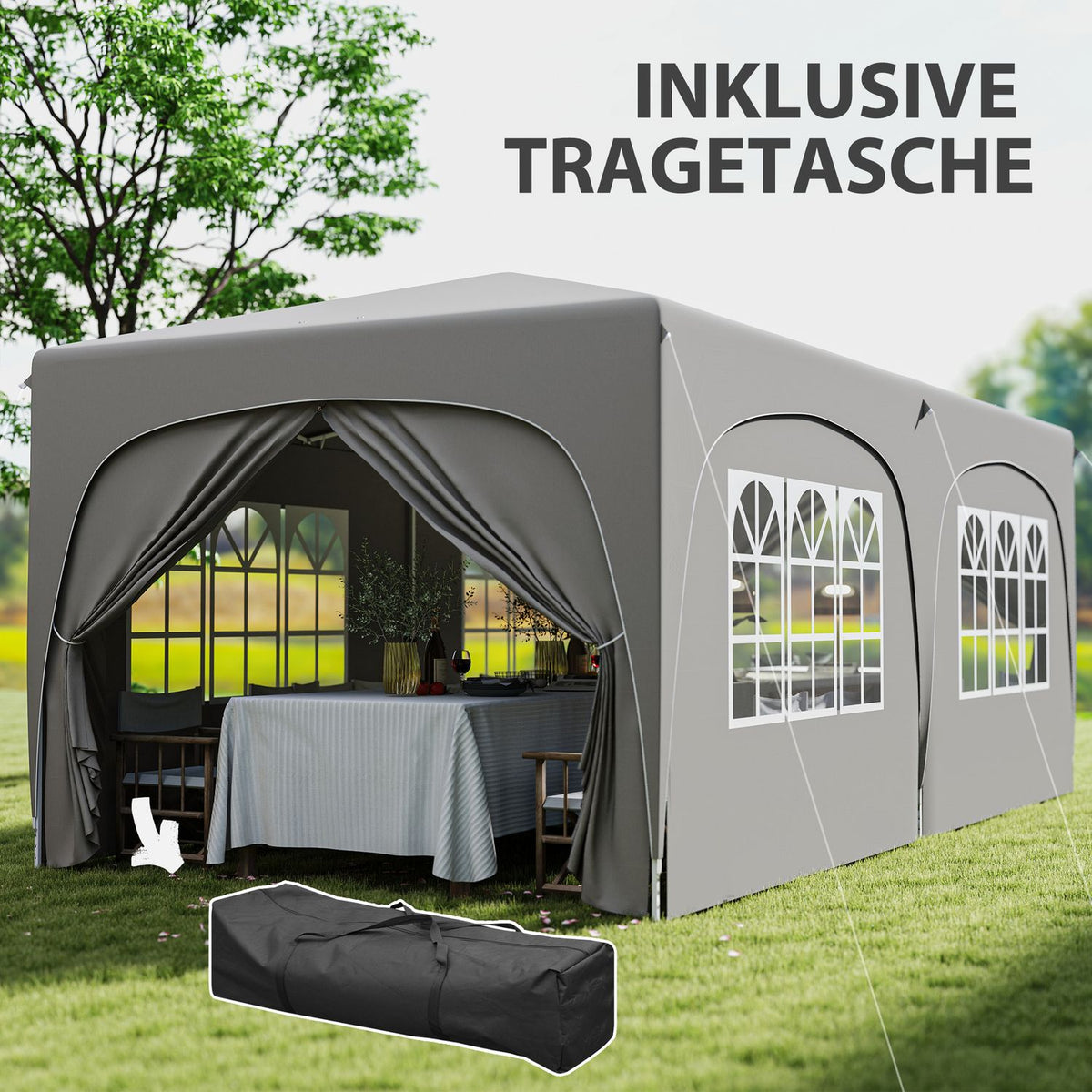 Gazebo approx. 3x6m, water-repellent, stable, winter-proof pop-up folding gazebo, UV protection 50+, foldable party tent, garden tent with 6 side panels, pocket garden gazebo for camping, garden, light gray