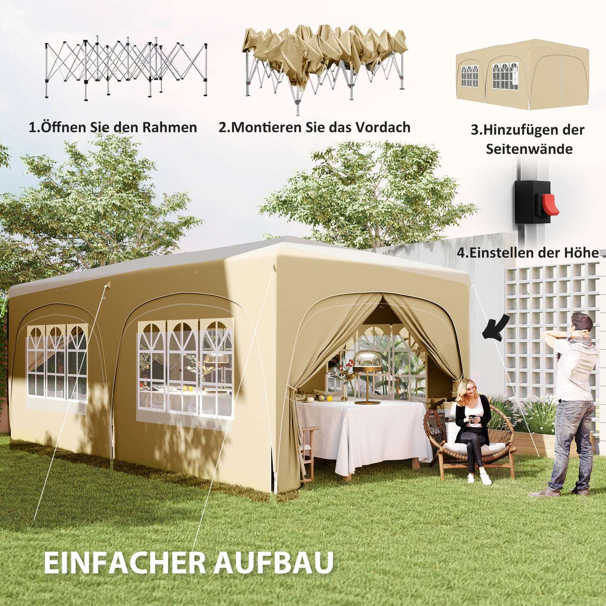 Gazebo approx. 3x6m, water-repellent, stable, winter-proof pop-up folding gazebo, UV protection 50+, foldable party tent, garden tent with 6 side panels, pocket garden gazebo for camping, garden, sand