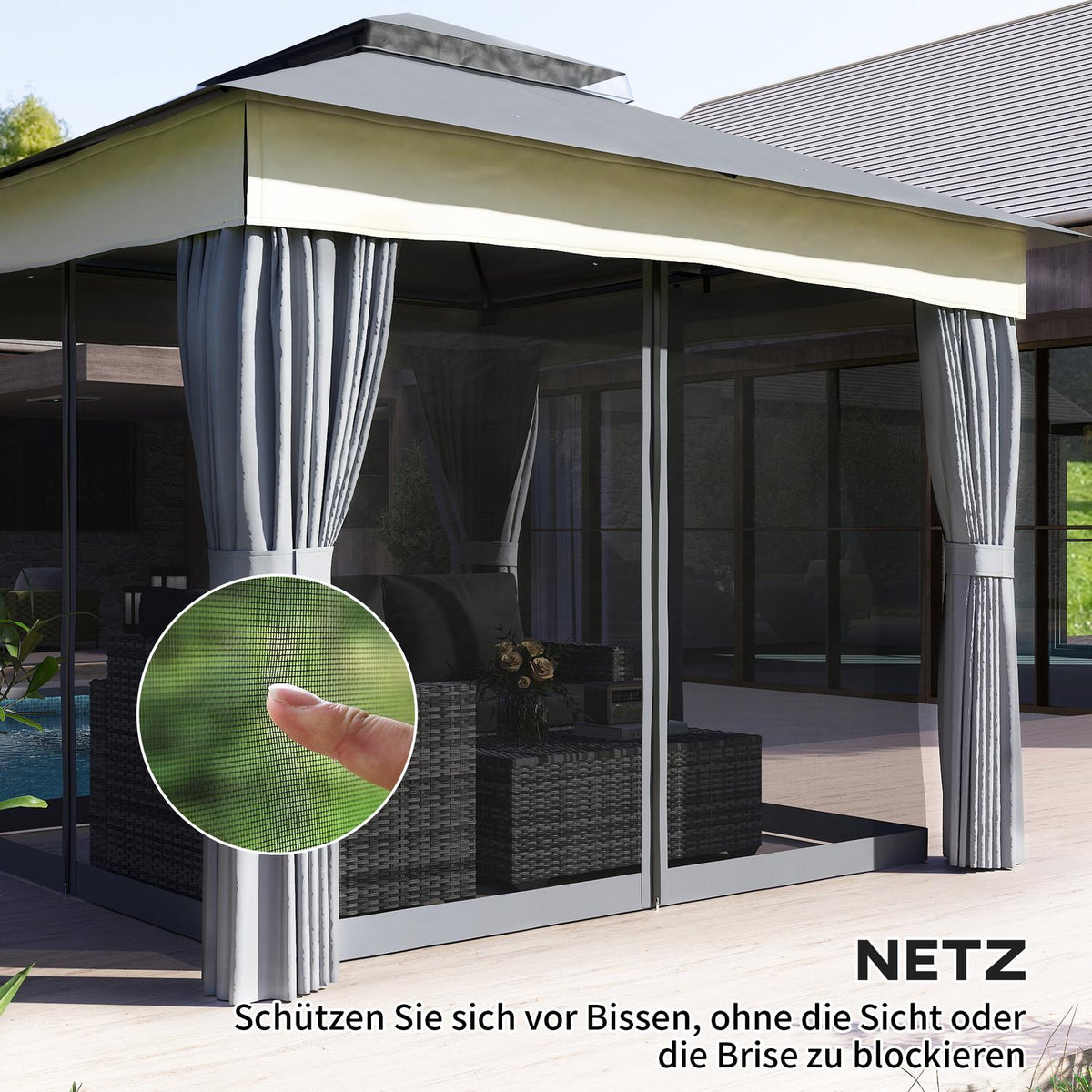 Gazebo with double roof, 3x3 m, water-repellent, stable, winter-proof garden pavilion with mosquito net, side panels, garden pavilion made of metal, for garden, terrace, dark gray