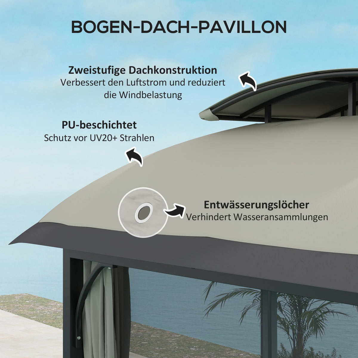 Gazebo with double roof, 4x3.3 m, water-repellent, stable, winter-proof garden pavilion with mosquito net, side panels, garden pavilion made of galvanized metal, for garden, terrace, light gray