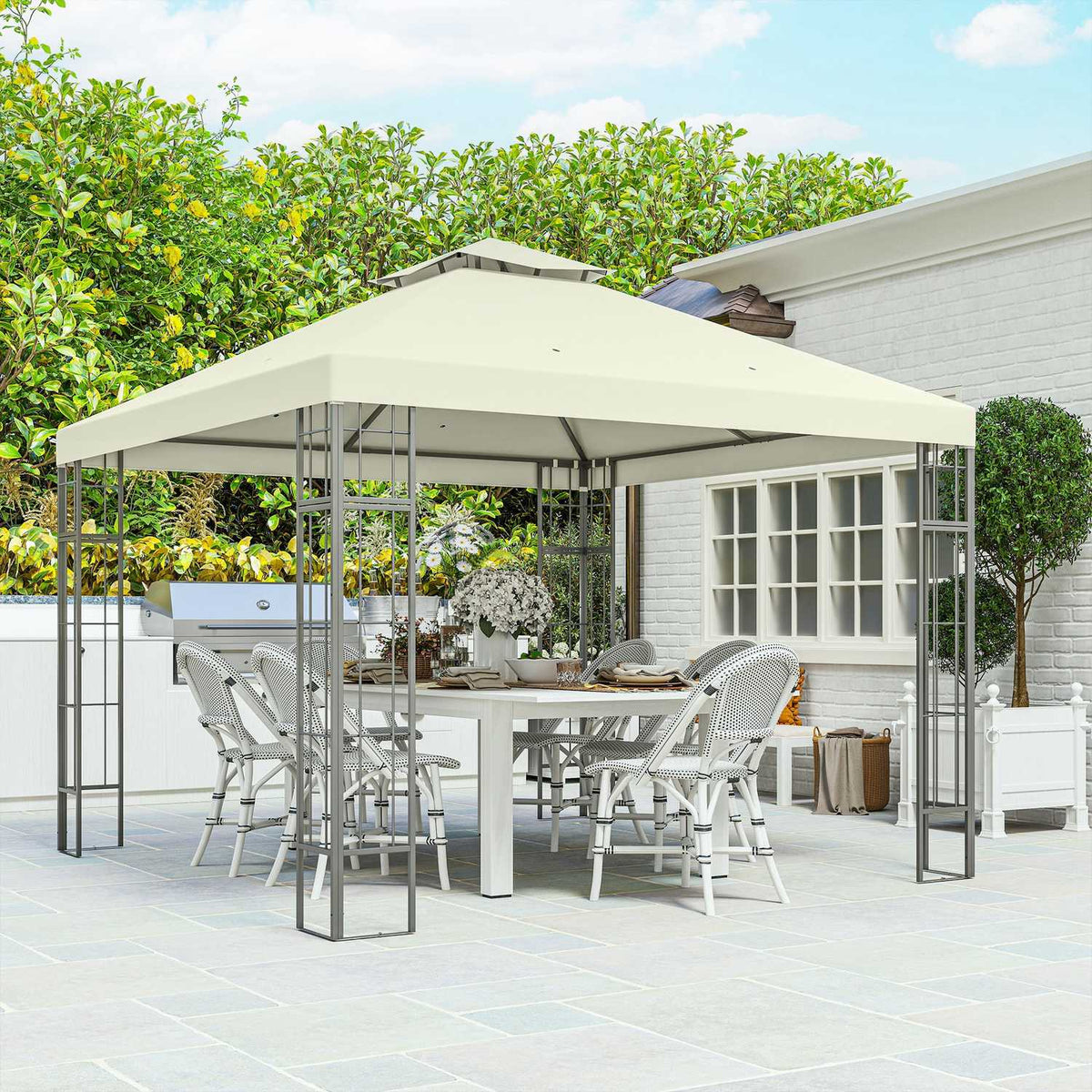 Gazebo with double roof, approx. 3x3 m, water-repellent, stable, winter-proof, garden pavilion with UV protection, party tent made of metal, for garden, terrace, cream white