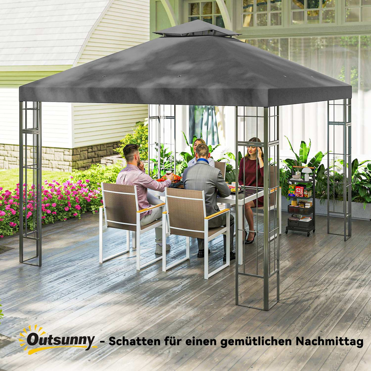Gazebo with double roof, approx. 3x3 m, water-repellent, stable, winter-proof, garden pavilion with UV protection, party tent made of metal, for garden, terrace, dark gray