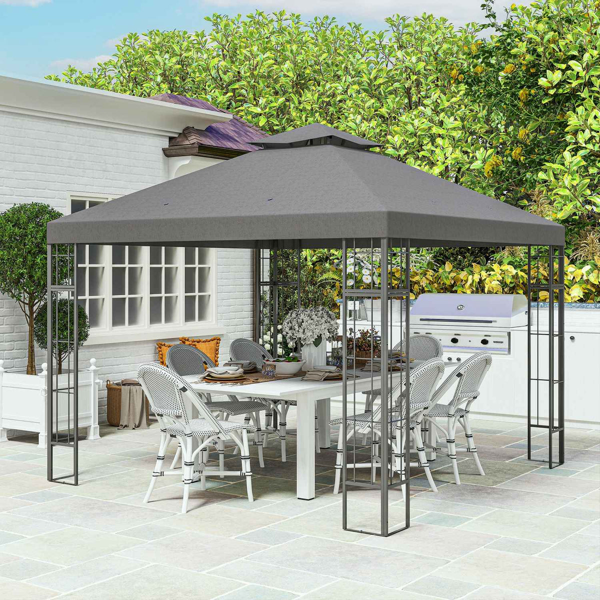 Gazebo with double roof, approx. 3x3 m, water-repellent, stable, winter-proof, garden pavilion with UV protection, party tent made of metal, for garden, terrace, dark gray