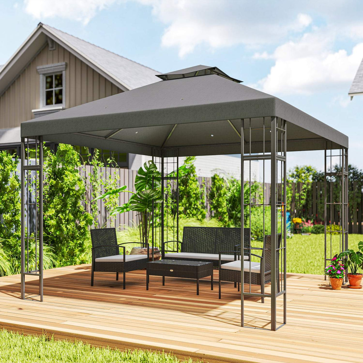 Gazebo with double roof, approx. 3x3 m, water-repellent, stable, winter-proof, garden pavilion with UV protection, party tent made of metal, for garden, terrace, dark gray