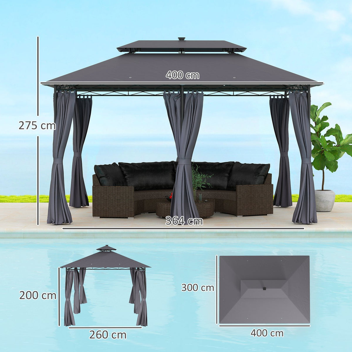 Gazebo with double roof, solar LED, 4x3 m, water-repellent, stable, winter-proof garden pavilion with side panels, garden pavilion made of metal, for garden, terrace, dark gray