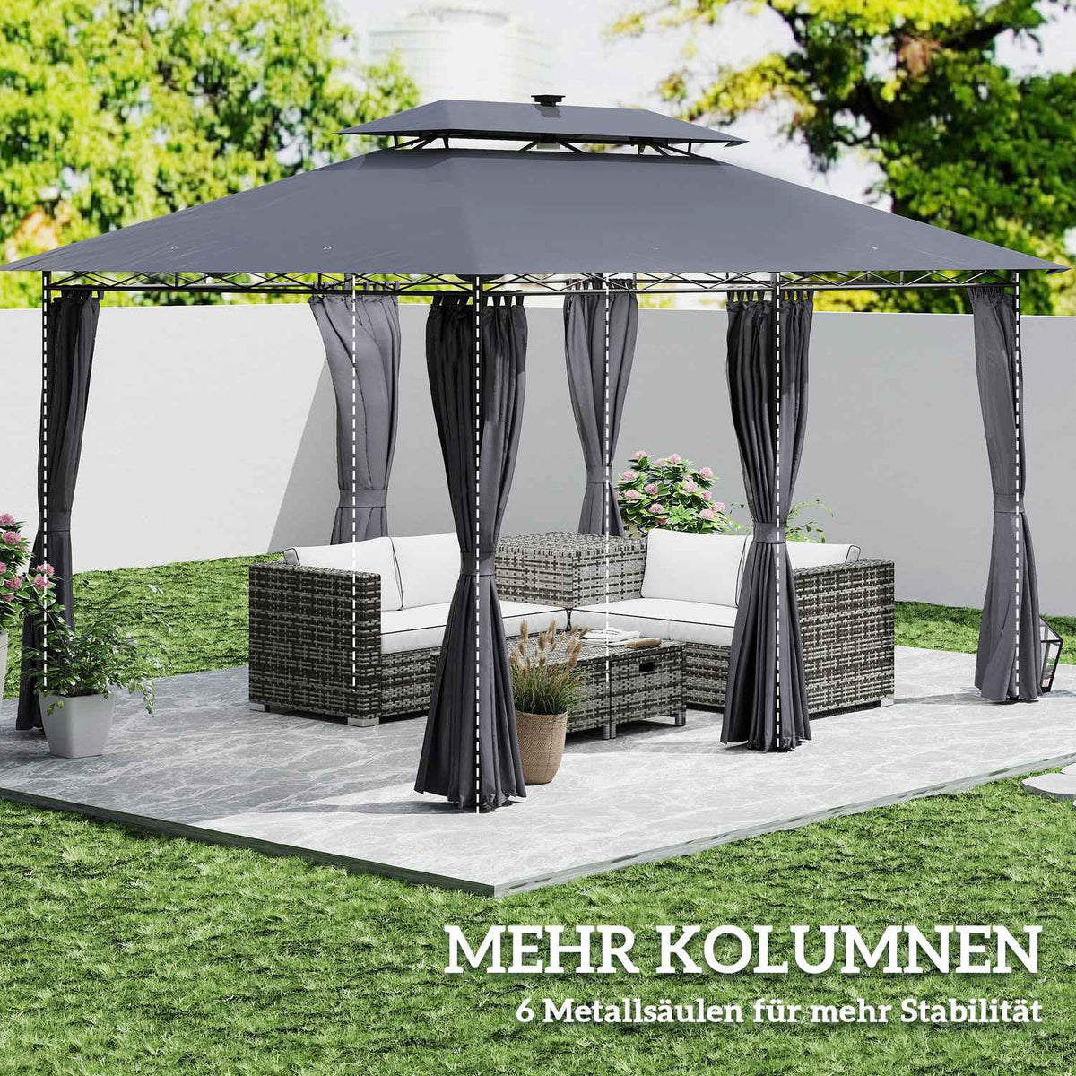 Gazebo with double roof, solar LED, 4x3 m, water-repellent, stable, winter-proof garden pavilion with side panels, garden pavilion made of metal, for garden, terrace, dark gray