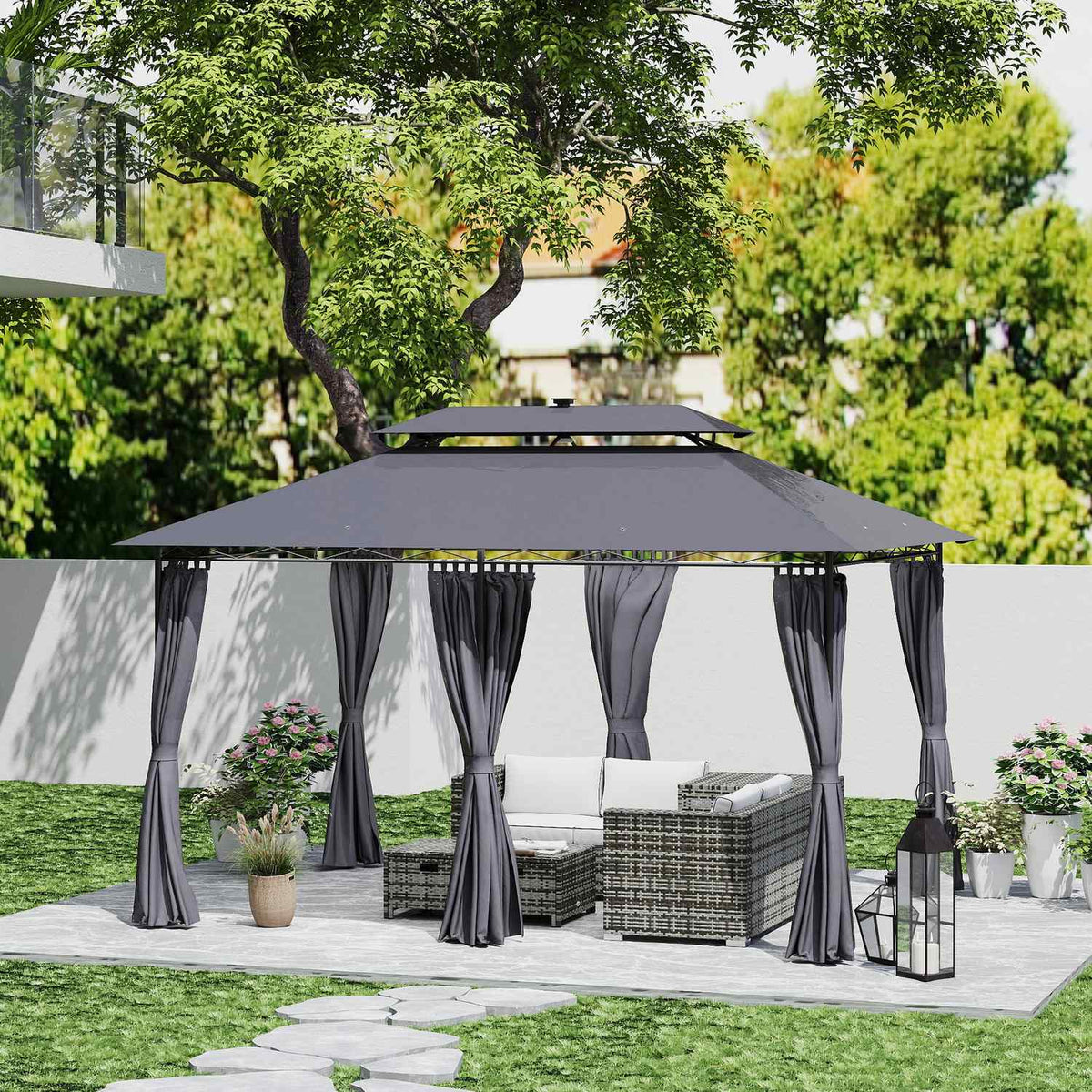 Gazebo with double roof, solar LED, 4x3 m, water-repellent, stable, winter-proof garden pavilion with side panels, garden pavilion made of metal, for garden, terrace, dark gray