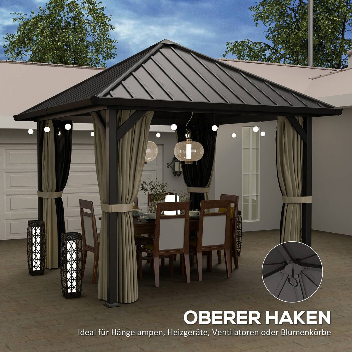 Gazebo with hard top, approx. 3x3 m, waterproof, stable, winterproof, garden pavilion with mosquito net, side panels, garden pavilion made of metal, pavilion for garden, terrace, dark gray