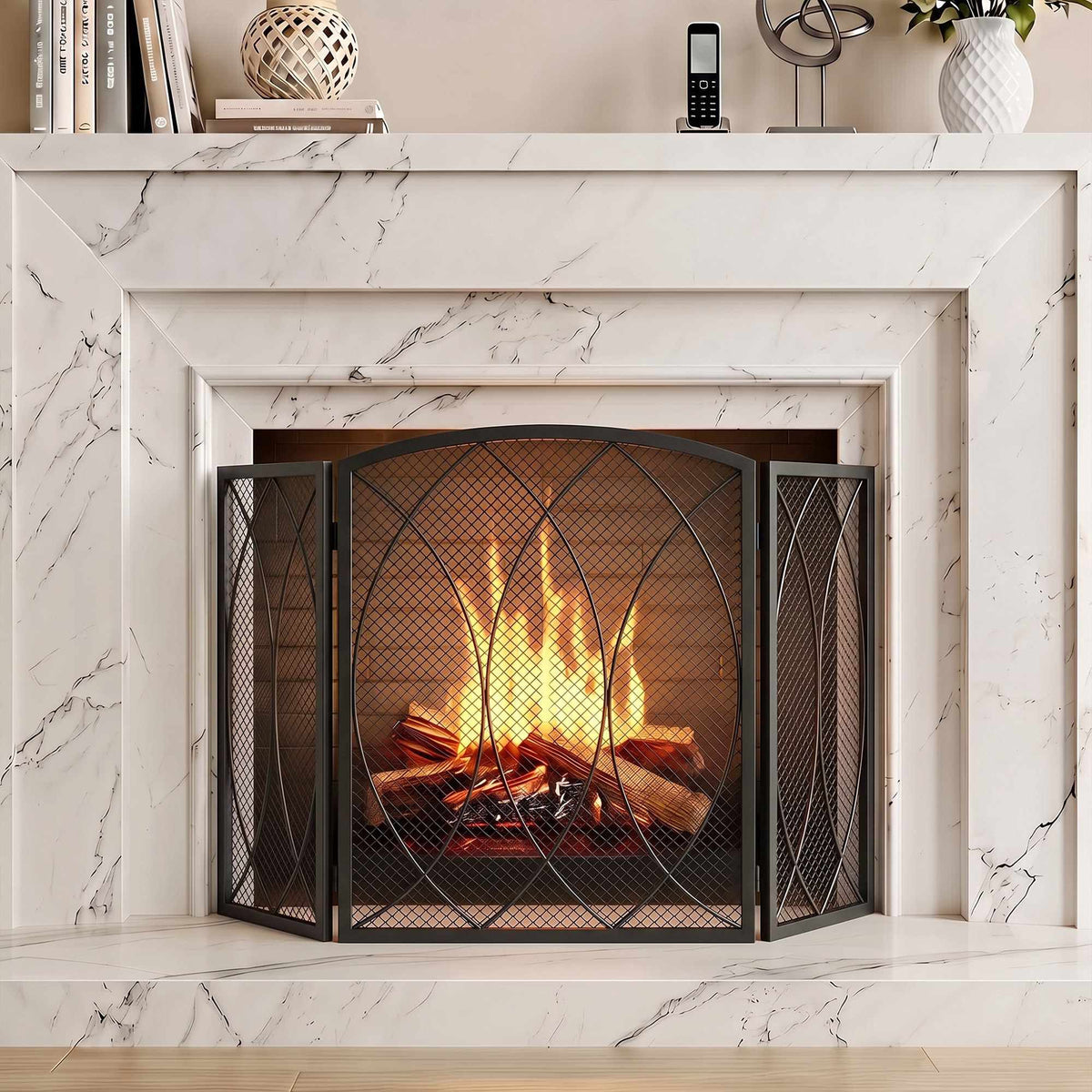 Geometric 3-Panel Metal Fireplace Screen, Black