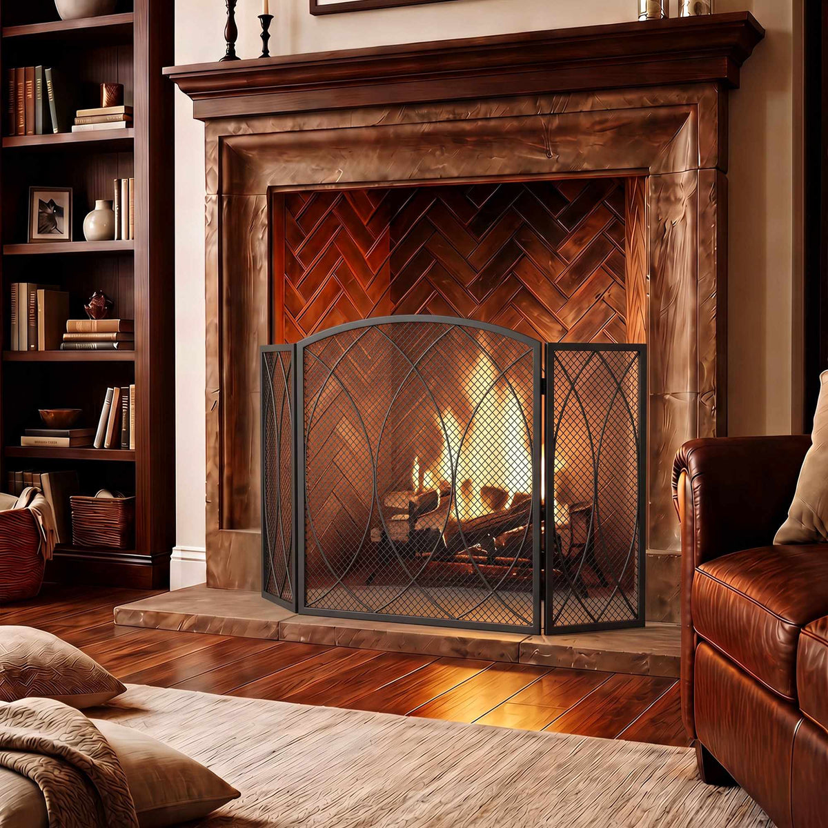 Geometric 3-Panel Metal Fireplace Screen, Black