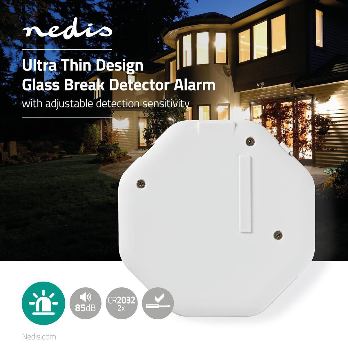 Glass Breaker Alarm | Triggered by: Vibration | Battery powered | 2x CR2032 | 85 dB| White