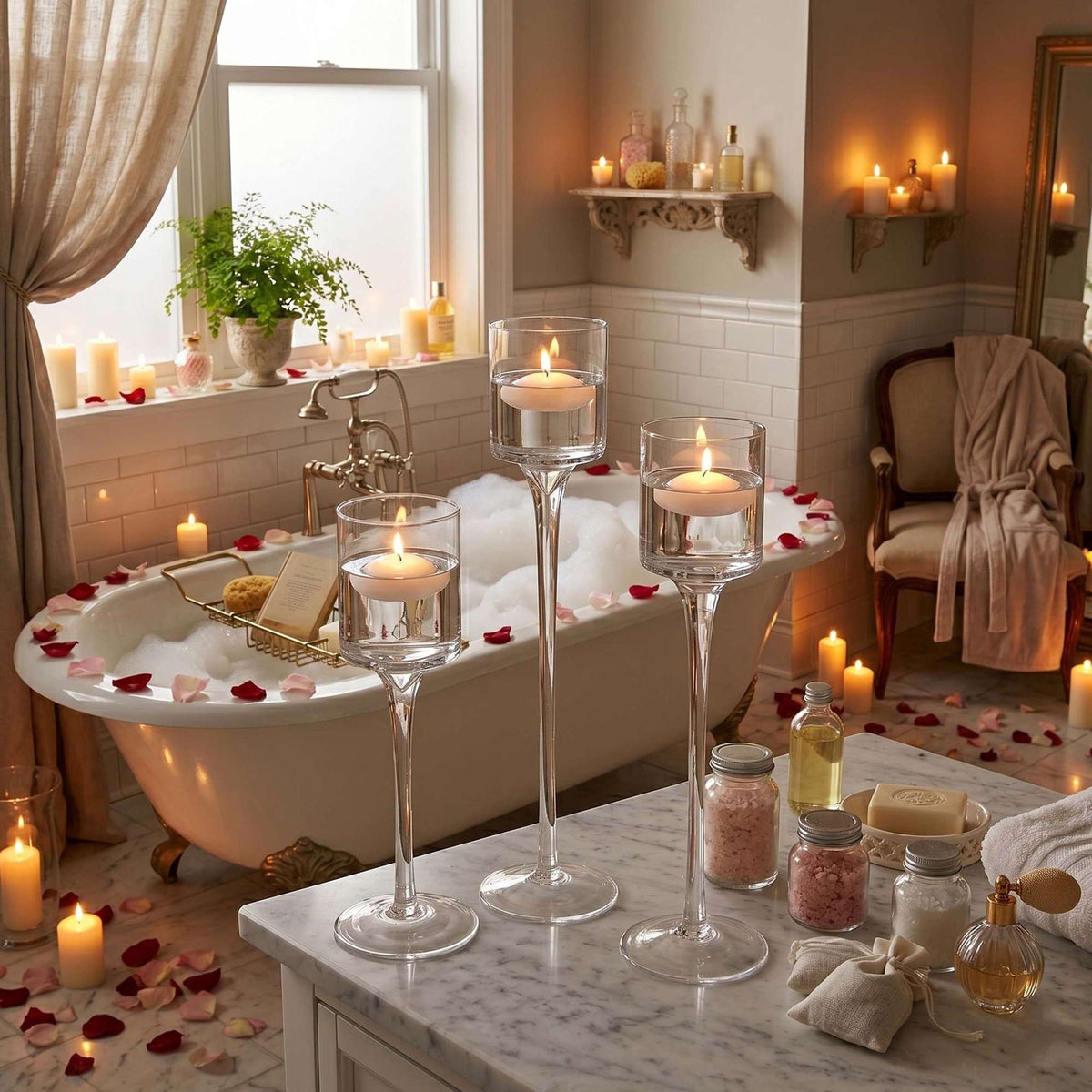 Glass Candle Holders Set, 3 Sizes, Transparent