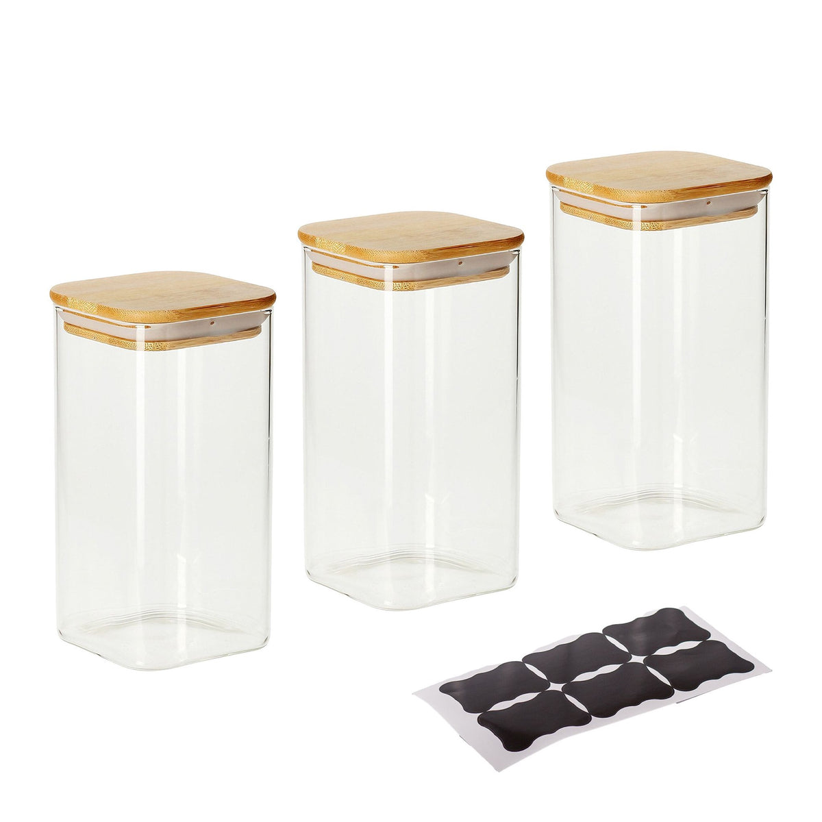 Glass Storage Jars, Bamboo Lids, 1500ml, Set of 3