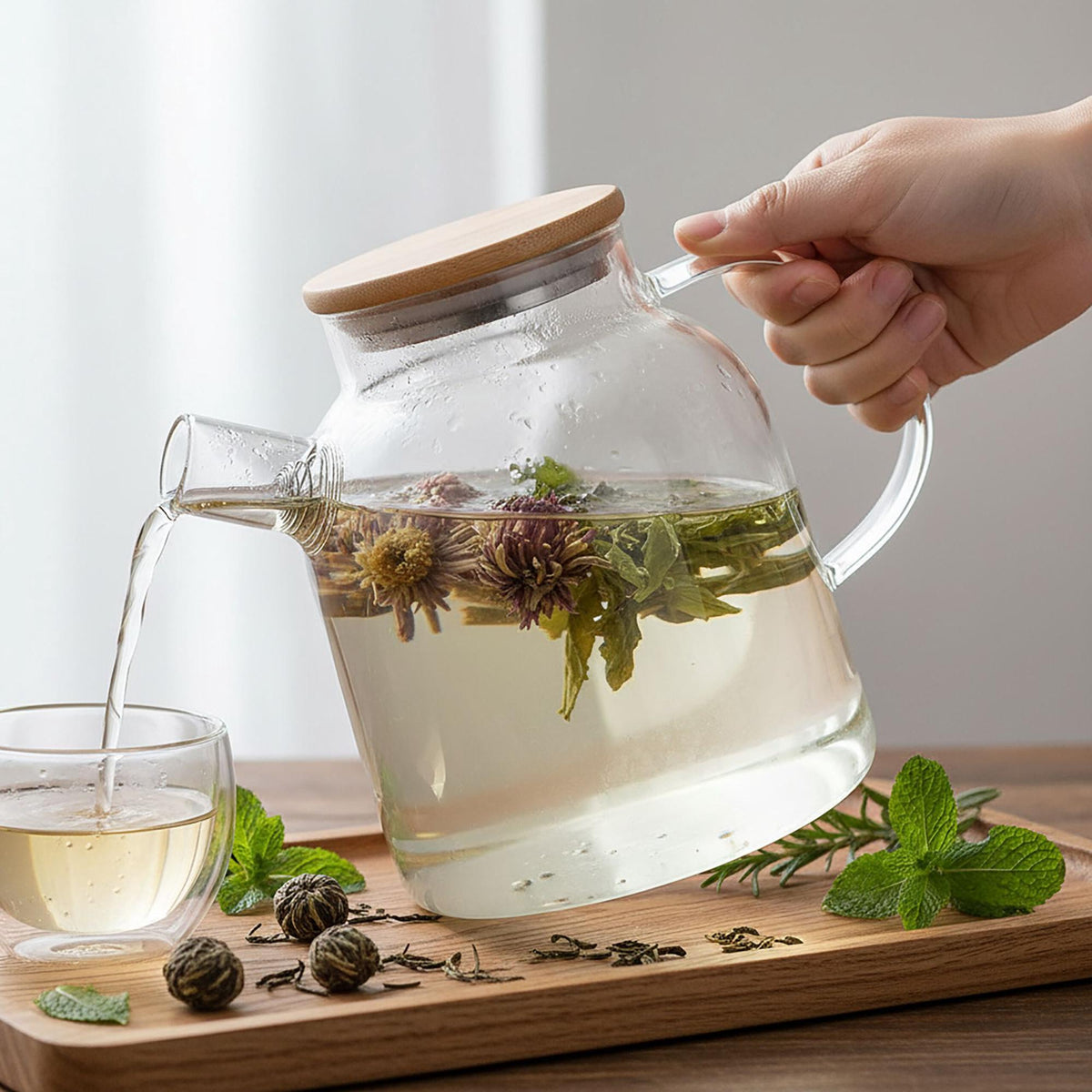 Glass Teapot with Bamboo Lid – Borosilicate, Strainer