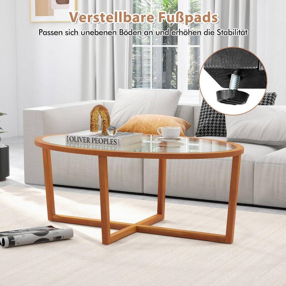 Glass coffee table with cross base & legs made of acacia wood Modern glass table side table