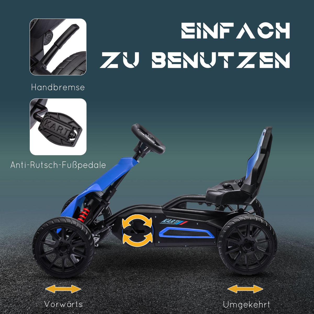 Go-Kart, Children'S Vehicle With Adjustable Seat, Pedal Vehicle, Pedal Car With Handbrake, Kettcar For Children Aged 3-8 Years, Blue