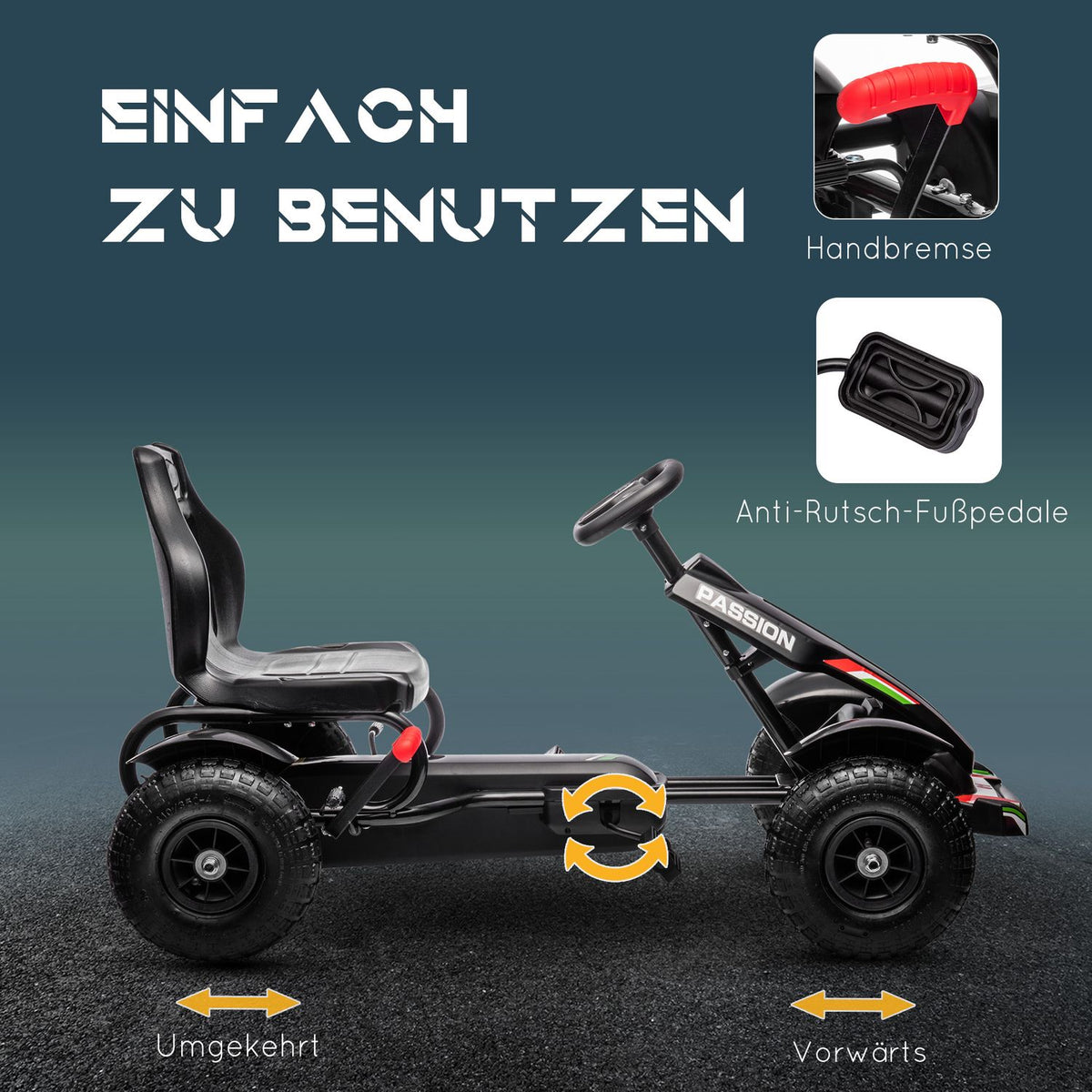 Go-Kart, pedal vehicle, pedal car with handbrakes, children's vehicle with adjustable seat, pedal, Kettcar for 5-12 years, black