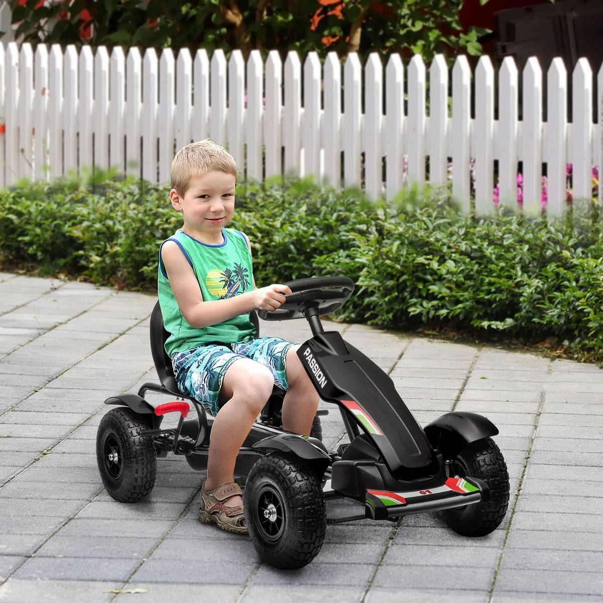 Go-Kart, pedal vehicle, pedal car with handbrakes, children's vehicle with adjustable seat, pedal, Kettcar for 5-12 years, black