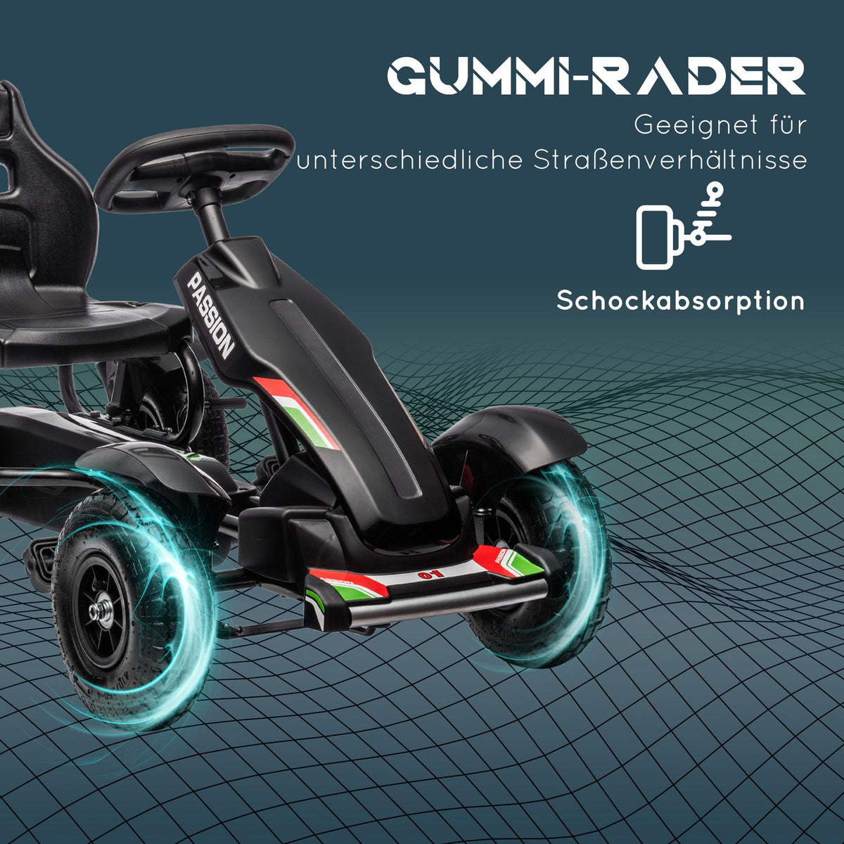 Go-Kart, pedal vehicle, pedal car with handbrakes, children's vehicle with adjustable seat, pedal, Kettcar for 5-12 years, black