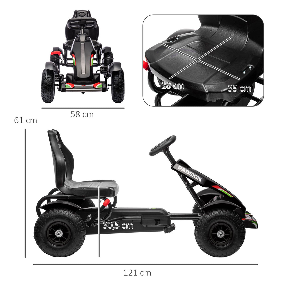 Go-Kart, pedal vehicle, pedal car with handbrakes, children's vehicle with adjustable seat, pedal, Kettcar for 5-12 years, black