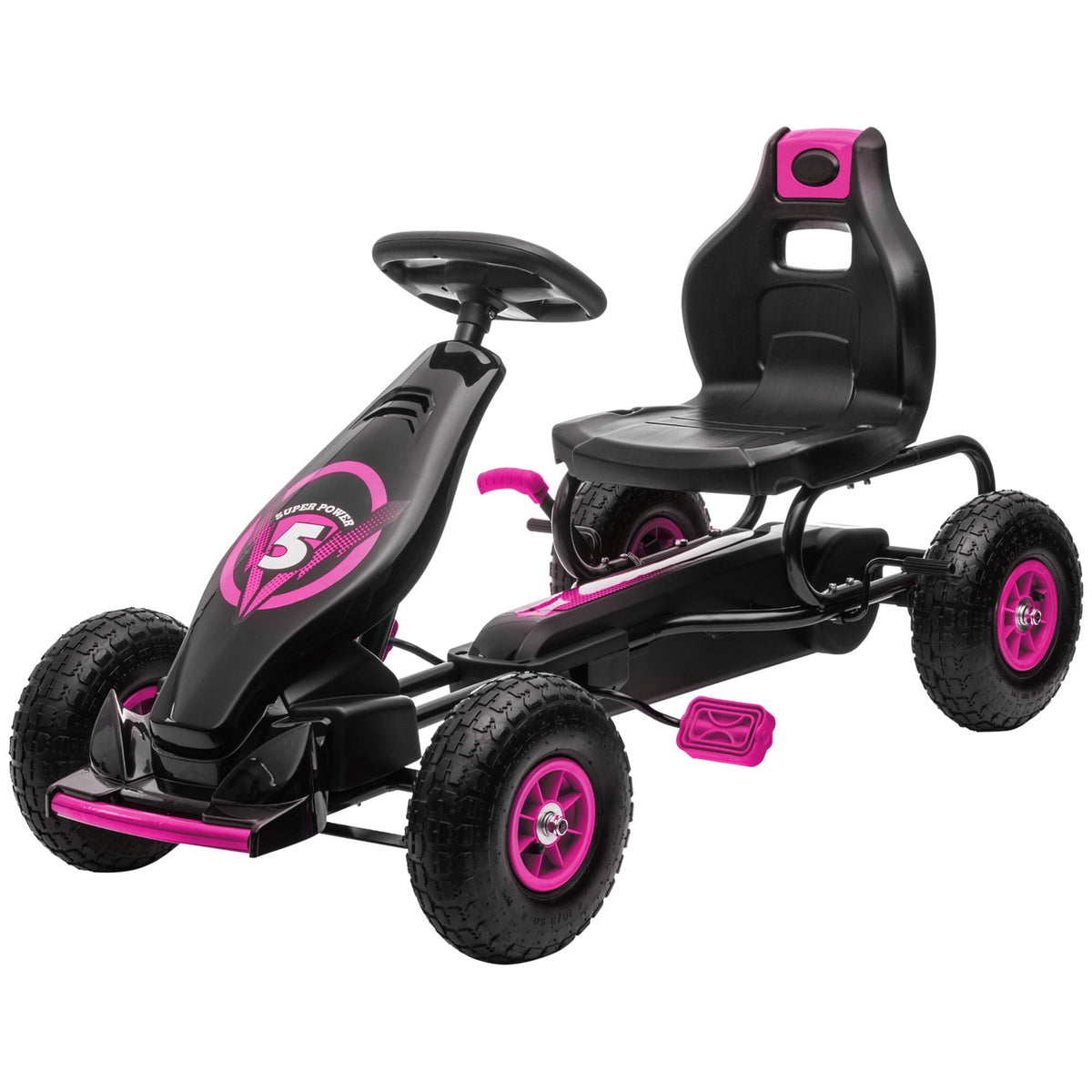 Go-kart, children's vehicle with adjustable seat, pedal vehicle with rubber tires, pedal and handbrake, Kettcar for 5-12 years children, outdoor, pink