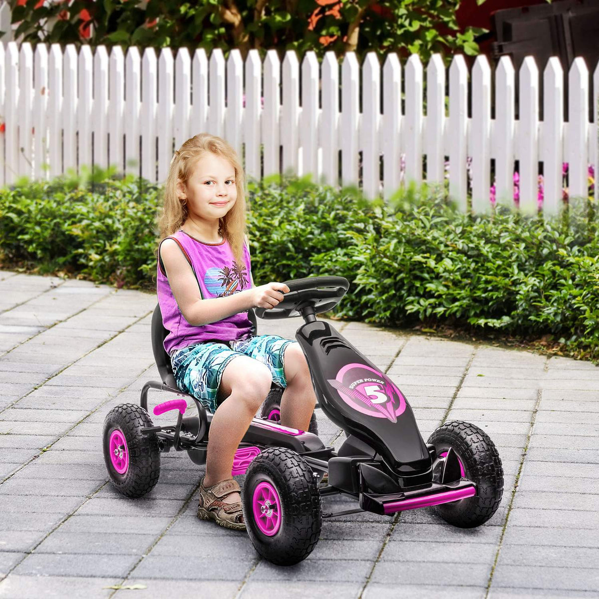 Go-kart, children's vehicle with adjustable seat, pedal vehicle with rubber tires, pedal and handbrake, Kettcar for 5-12 years children, outdoor, pink