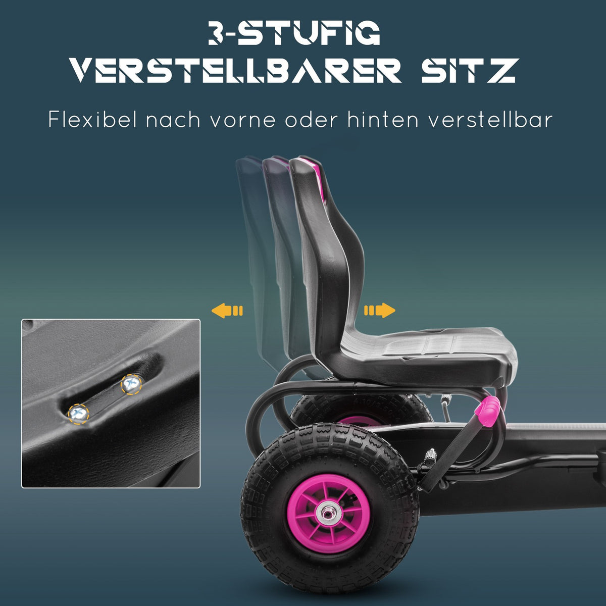 Go-kart, children's vehicle with adjustable seat, pedal vehicle with rubber tires, pedal and handbrake, Kettcar for 5-12 years children, outdoor, pink