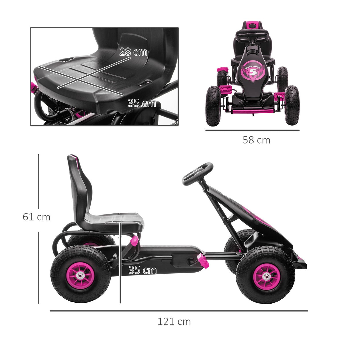 Go-kart, children's vehicle with adjustable seat, pedal vehicle with rubber tires, pedal and handbrake, Kettcar for 5-12 years children, outdoor, pink