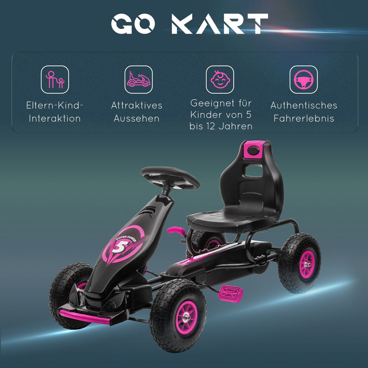 Go-kart, children's vehicle with adjustable seat, pedal vehicle with rubber tires, pedal and handbrake, Kettcar for 5-12 years children, outdoor, pink