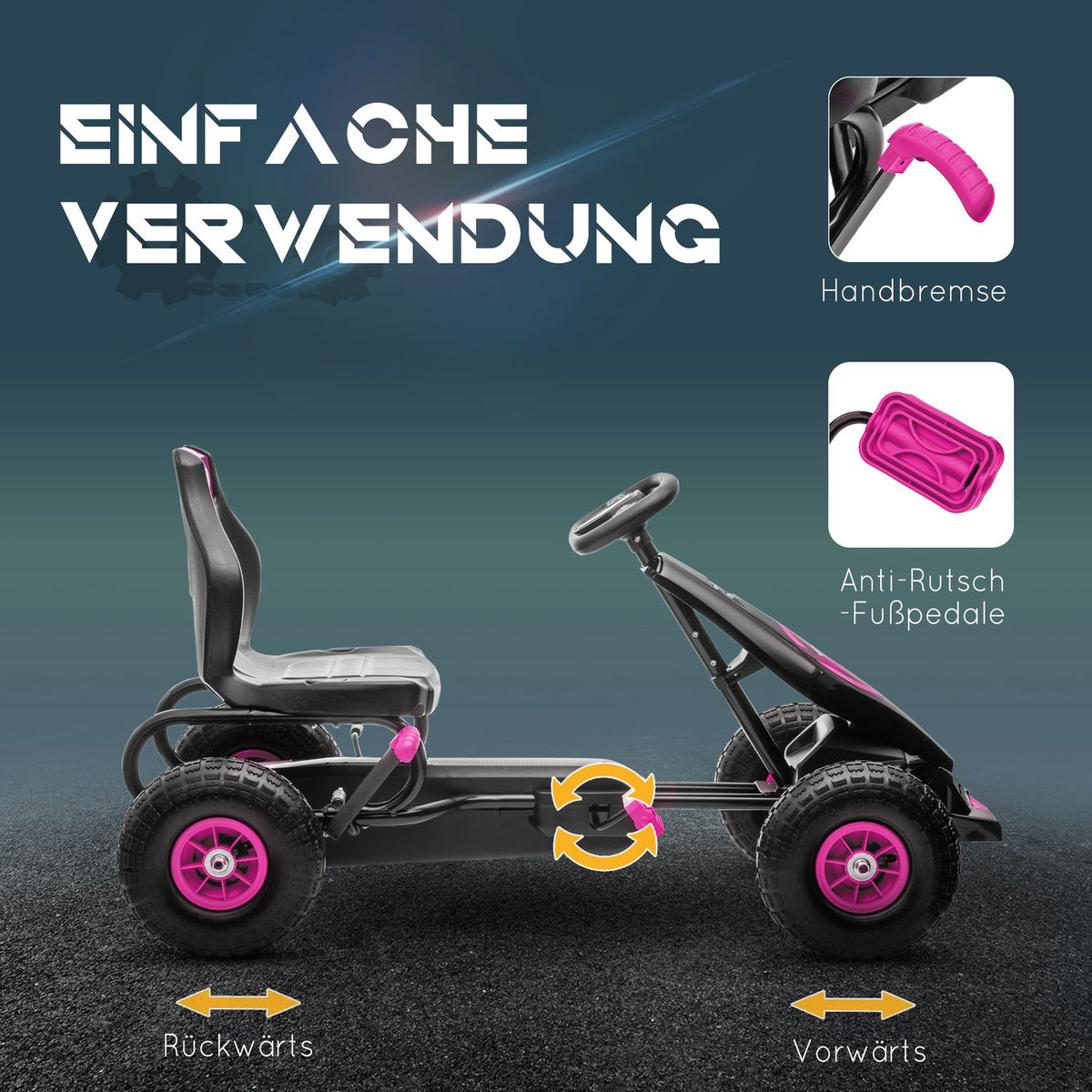 Go-kart, children's vehicle with adjustable seat, pedal vehicle with rubber tires, pedal and handbrake, Kettcar for 5-12 years children, outdoor, pink