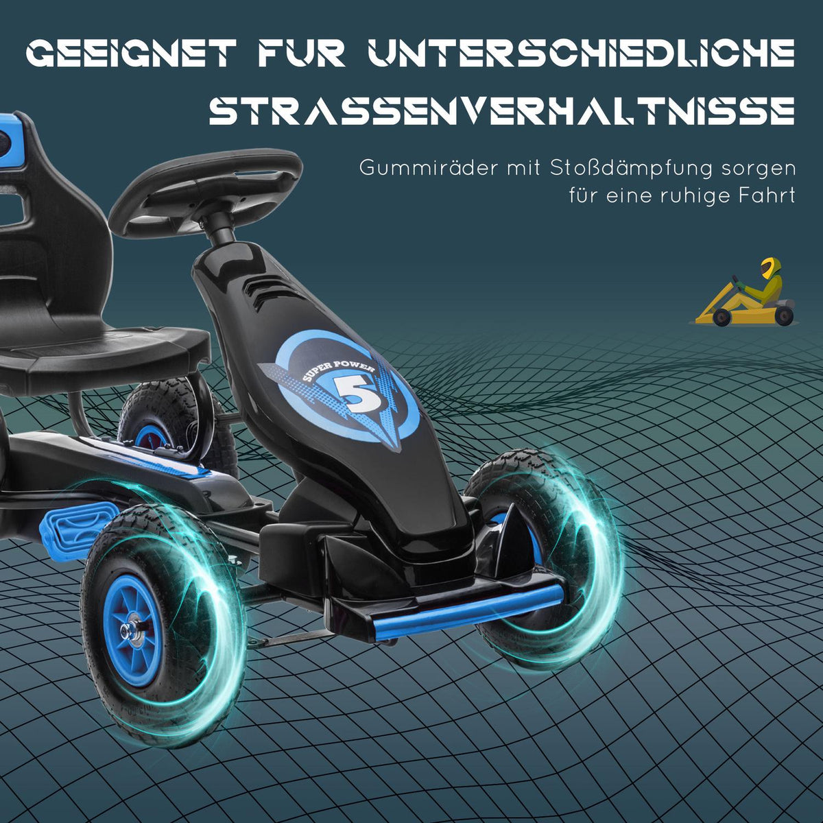 Go-kart children's vehicle with adjustable seat, rubber tires, pedal & handbrake, from 5 years, blue + black