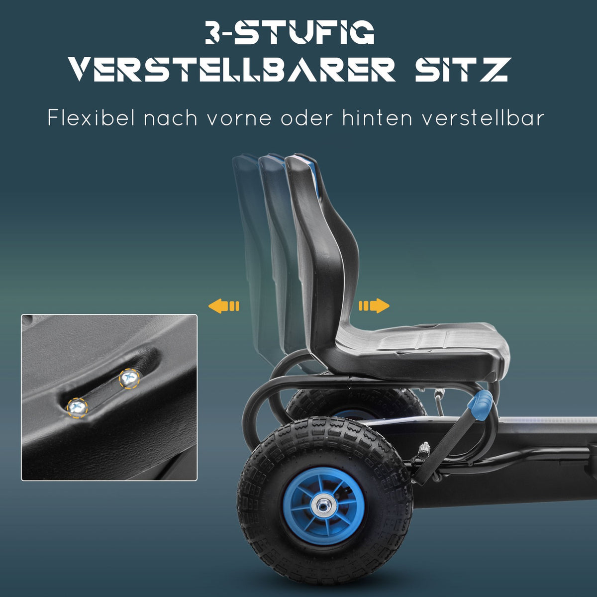Go-kart children's vehicle with adjustable seat, rubber tires, pedal & handbrake, from 5 years, blue + black