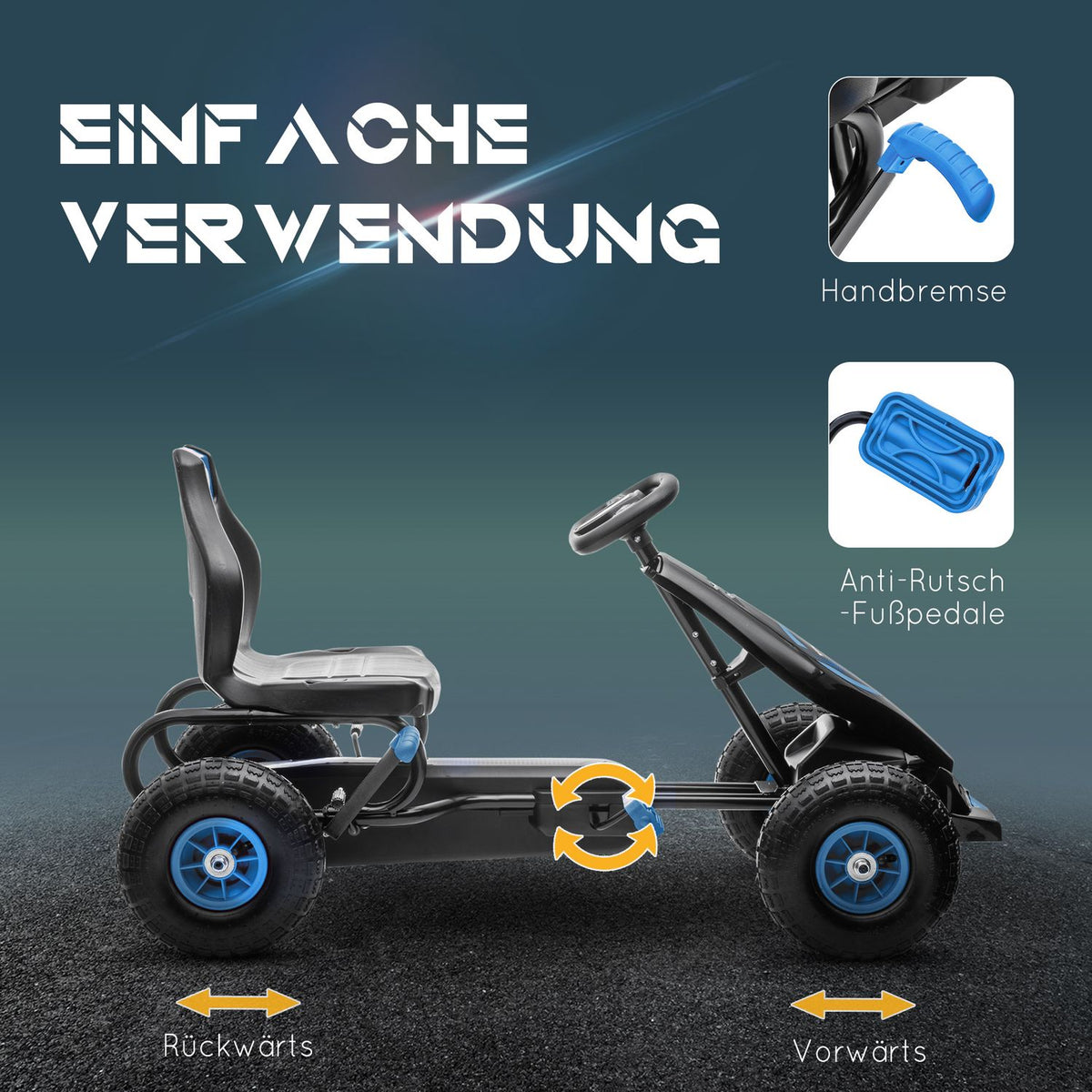 Go-kart children's vehicle with adjustable seat, rubber tires, pedal & handbrake, from 5 years, blue + black