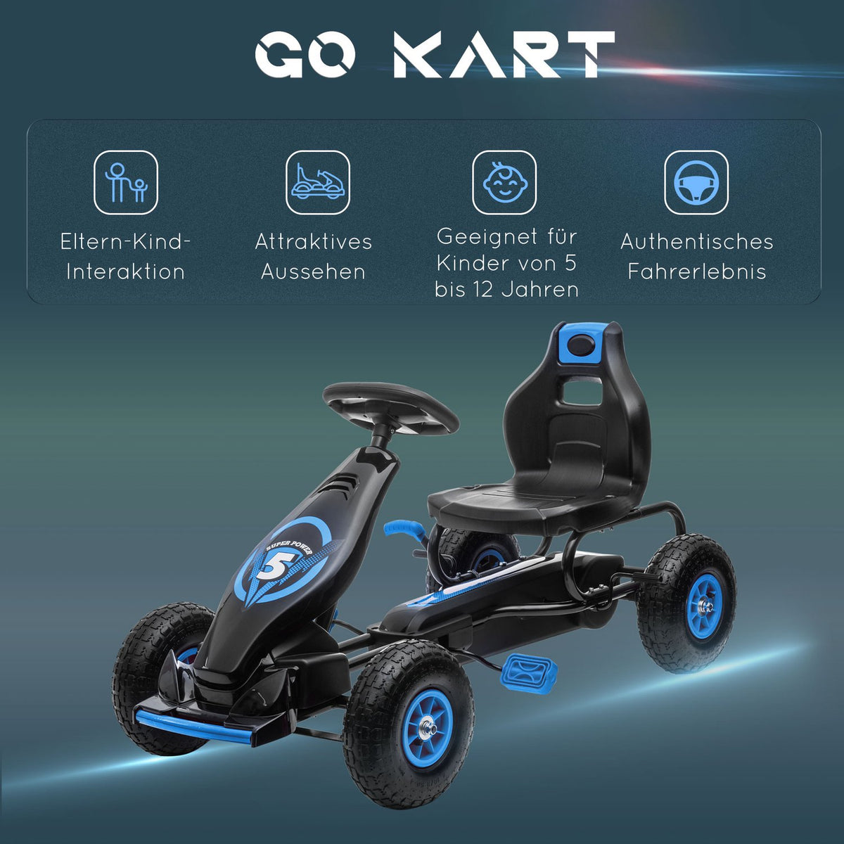 Go-kart children's vehicle with adjustable seat, rubber tires, pedal & handbrake, from 5 years, blue + black