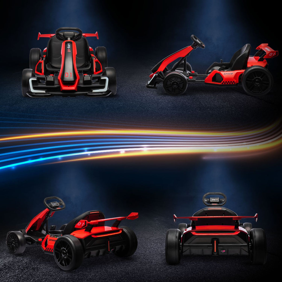 Go-kart for children, electric kart with horn and music function, adjustable seat, up to 12 km/h, plastic, metal, red