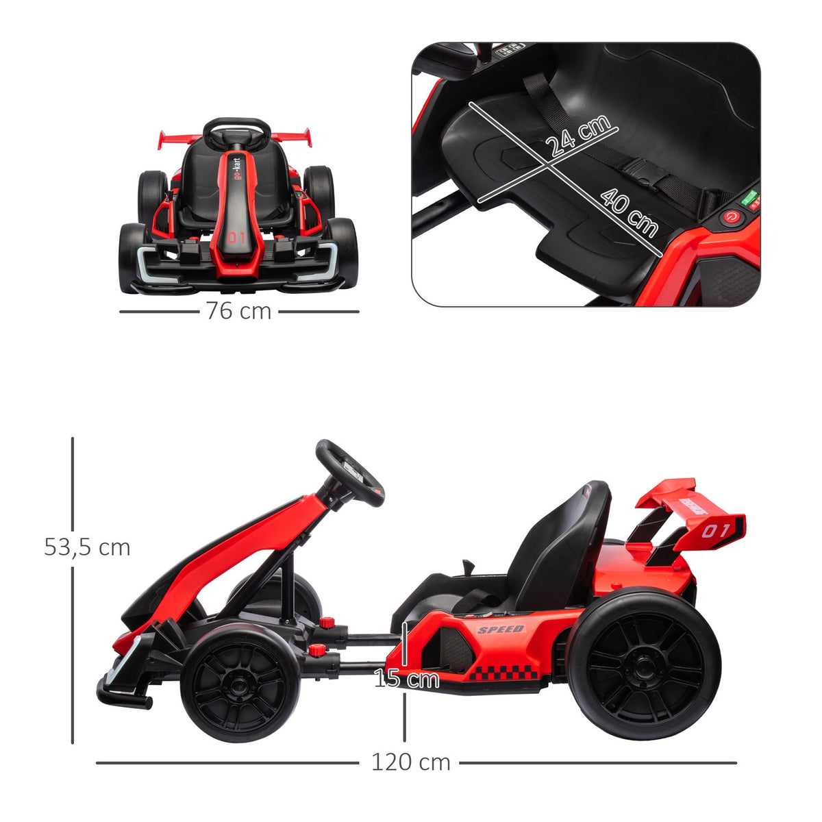 Go-kart for children, electric kart with horn and music function, adjustable seat, up to 12 km/h, plastic, metal, red