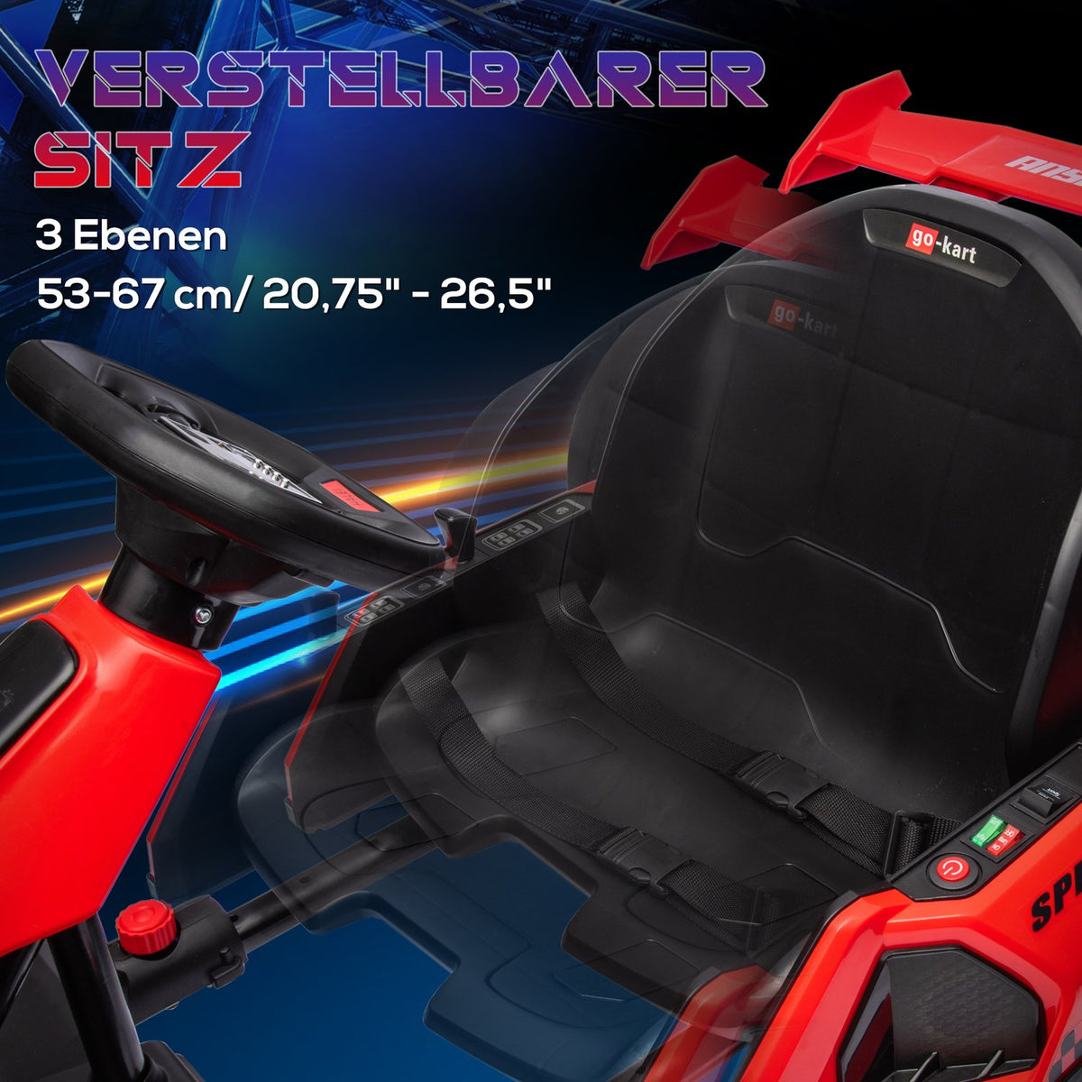 Go-kart for children, electric kart with horn and music function, adjustable seat, up to 12 km/h, plastic, metal, red