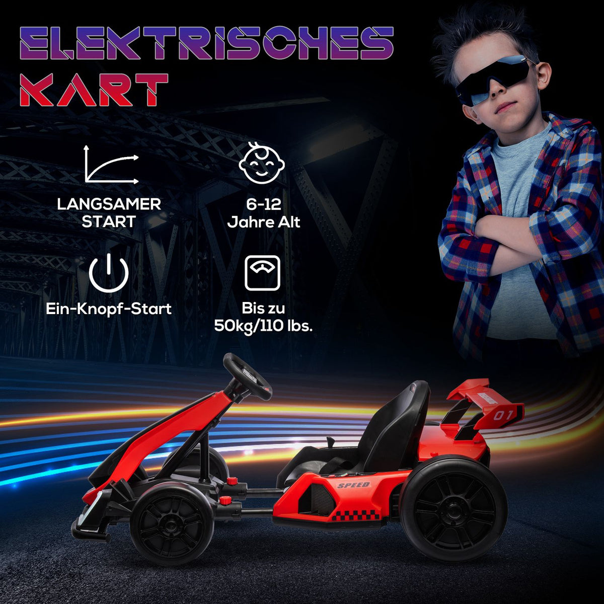 Go-kart for children, electric kart with horn and music function, adjustable seat, up to 12 km/h, plastic, metal, red