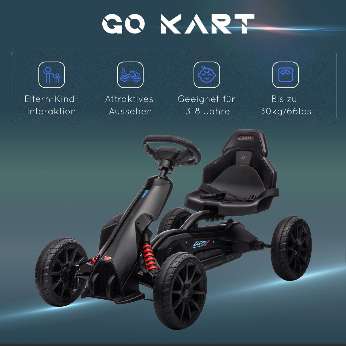 Go-kart pedal car with handbrake, adjustable seat, forward and reverse gear, pedal vehicle children's vehicle Kettcar for children 3-8 years black